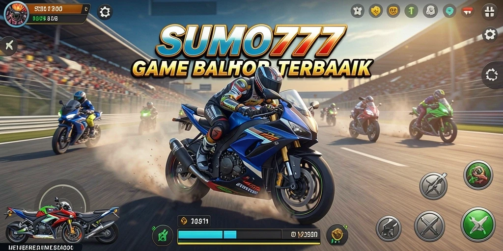 Screenshot gameplay SUMO777 menampilkan aksi balap motor yang seru.